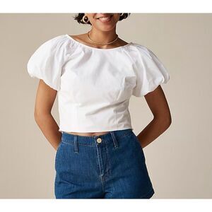 J.CREW Top Women 2 White Fitted Puff Sleeve Smocked Back Crop Cotton CA593